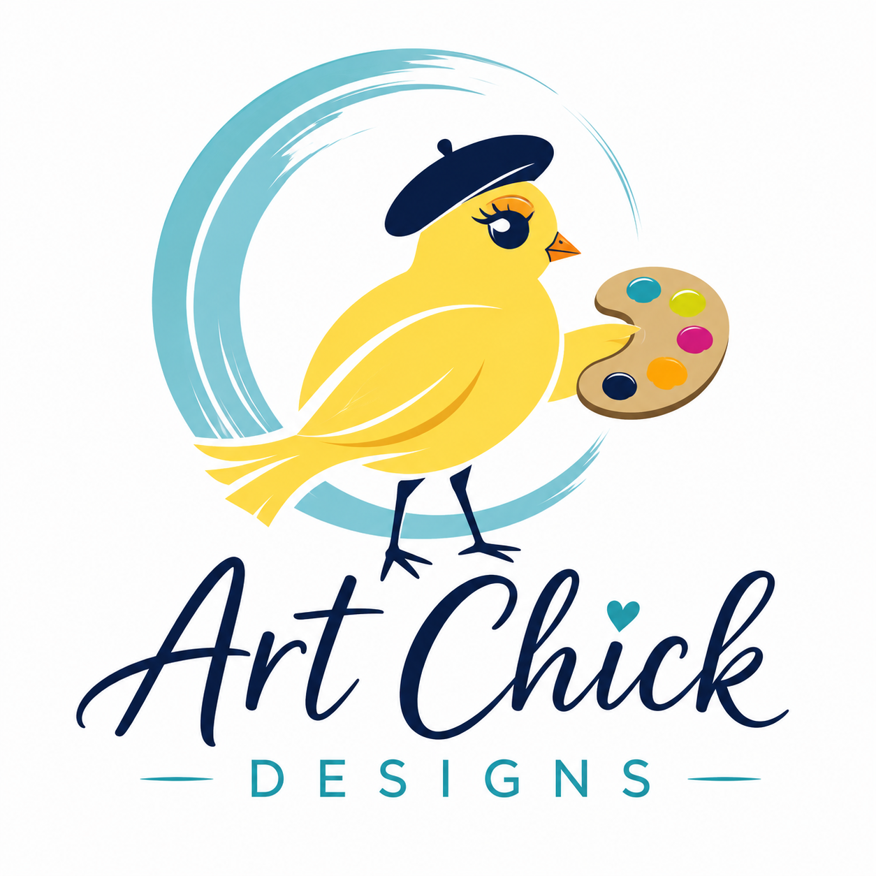 Art Chick Designs logo with a yellow chick in a navy beret holding an artist palette